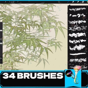 May include: A digital illustration of a bamboo forest with a light green and beige color scheme. The image is accompanied by a set of 34 digital brushes for use in digital art programs. The text "34 BRUSHES" is displayed at the bottom of the image.