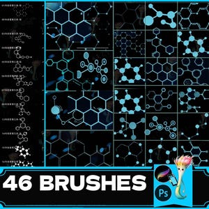May include: A set of 46 digital brushes featuring abstract geometric patterns in shades of blue and white on a black background. The brushes are designed for use in Adobe Photoshop.