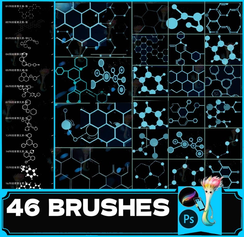 May include: A set of 46 digital brushes featuring abstract geometric patterns in shades of blue and white on a black background. The brushes are designed for use in Adobe Photoshop.