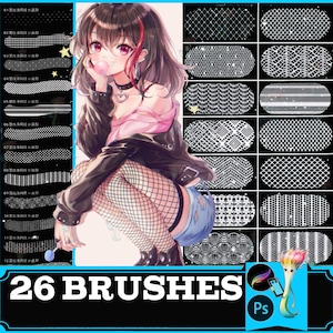 May include: Digital art illustration featuring a young person with dark hair and pink highlights, wearing a black jacket and fishnet stockings. The image showcases 26 brushes with various patterns, and the text "26 BRUSHES" is displayed at the bottom.