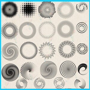 Puede incluir: Una colecci&oacute;n de elementos de dise&ntilde;o circulares en blanco y negro. Los dise&ntilde;os incluyen patrones de puntos, l&iacute;neas radiales y formas de espiral. Los elementos est&aacute;n dispuestos sobre un fondo beige claro.