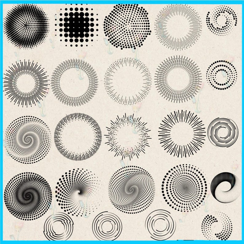 Puede incluir: Una colecci&oacute;n de elementos de dise&ntilde;o circulares en blanco y negro. Los dise&ntilde;os incluyen patrones de puntos, l&iacute;neas radiales y formas de espiral. Los elementos est&aacute;n dispuestos sobre un fondo beige claro.