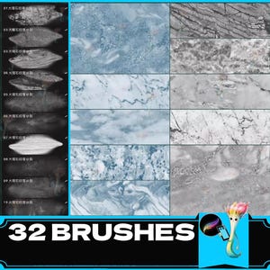 May include: A set of 32 digital brushes featuring various marble textures in shades of gray and blue. The brushes are designed for use in digital art and design applications.