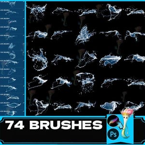 May include: 74 Photoshop brushes featuring white water splashes on a black background. The brushes are designed for use in digital art and graphic design.