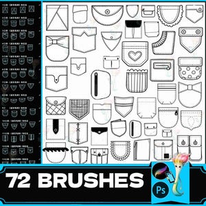 May include: A set of 72 black and white pocket brush designs for use in digital art programs. The brushes are in a variety of shapes and sizes, including classic, modern, and whimsical styles. The text "72 BRUSHES" is at the bottom of the image.