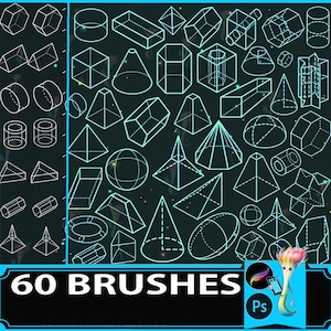 Op de afbeelding: Een verzameling van 60 geometrische penselen, waaronder kubussen, kegels, bollen en andere 3D-vormen, omlijnd in helderblauwgroen tegen een donkere achtergrond. De tekst "60 BRUSHES" wordt in het wit weergegeven, met een kleurrijke illustratie van een penseel en het "Ps"-logo.