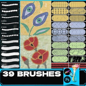 Op de afbeelding: Een set van 39 digitale mozaïekpenseel voor Adobe Photoshop. De penselen hebben verschillende vormen, maten en patronen, waaronder cirkels, vierkanten en zeshoeken. De penselen zijn perfect voor het maken van realistische mozaïekkunst.