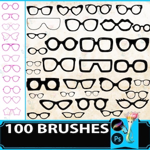 May include: A collection of 100 brush designs featuring various eyeglasses and frames in black and pink. The designs include round, square, cat-eye, and heart-shaped frames, suitable for digital art or design projects.