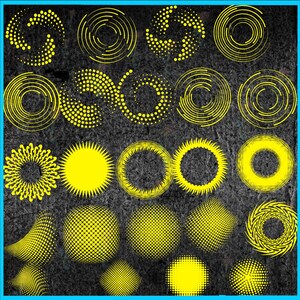 Puede incluir: Una colecci&oacute;n de dise&ntilde;os circulares abstractos amarillos sobre un fondo gris oscuro. Los dise&ntilde;os incluyen espirales, c&iacute;rculos punteados y patrones de rayos de sol. La imagen tiene un borde azul.