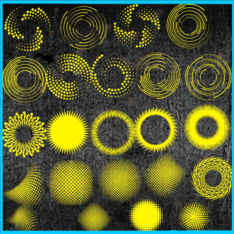 Puede incluir: Una colecci&oacute;n de dise&ntilde;os circulares abstractos amarillos sobre un fondo gris oscuro. Los dise&ntilde;os incluyen espirales, c&iacute;rculos punteados y patrones de rayos de sol. La imagen tiene un borde azul.