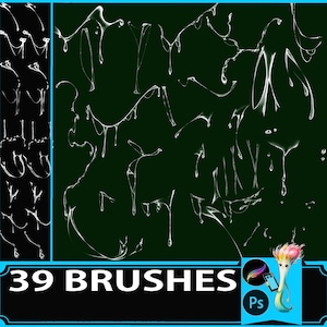 May include: A collection of 39 digital art brushes, featuring white, flowing designs on a dark green backdrop. The image includes the text "39 BRUSHES" in a black rectangle, alongside a colourful brush icon and the "Ps" logo.
