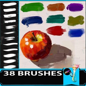 May include: An image showcasing a vibrant, oil-painted apple with a variety of brushstrokes in different colors. The image also displays a selection of white brush styles and the text "38 BRUSHES".