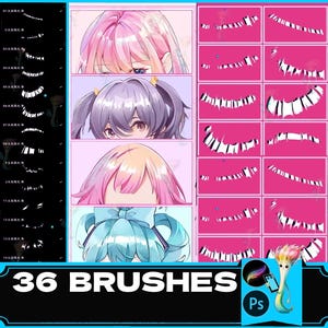 Puede incluir: Un conjunto de 36 pinceles de Photoshop para crear estilos de cabello de anime. Los pinceles son blancos sobre un fondo rosa. La imagen también muestra tres personajes de anime con diferentes estilos de cabello.