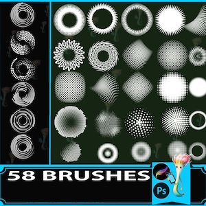 Op de afbeelding: Een verzameling van 58 witte penselen in verschillende cirkelvormige en geometrische ontwerpen, waaronder stippenpatronen en spiraalvormen, tegen een donkergroene achtergrond. De afbeelding bevat de tekst "58 BRUSHES" en een cartoon illustratie.