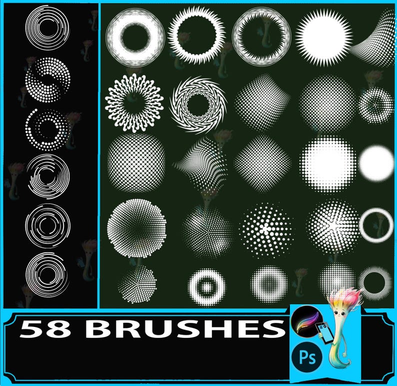 Puede incluir: Una colecci&oacute;n de 58 pinceles blancos con varios dise&ntilde;os circulares y geom&eacute;tricos, incluyendo patrones de puntos y formas espirales, sobre un fondo verde oscuro. La imagen incluye el texto "58 BRUSHES" y una ilustraci&oacute;n de dibujos animados.