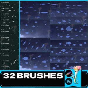 Op de afbeelding: Digitale kunstpenselen met een onderwaterthema. De afbeelding toont verschillende penseelstreken die vissen en waterplanten in tinten blauw en wit uitbeelden. De tekst "32 BRUSHES" wordt in witte letters op een zwarte achtergrond weergegeven.