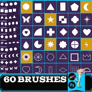 Puede incluir: Un gráfico de arte digital con 60 pinceles con varias formas y diseños, incluyendo círculos, cuadrados, triángulos, estrellas y corazones. La imagen tiene una combinación de colores azul y dorado, con el texto "60 BRUSHES" en la parte inferior.