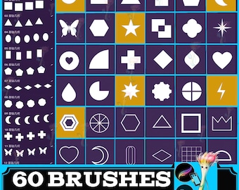 Könnte beinhalten: Eine digitale Kunstgrafik mit 60 Pinseln mit verschiedenen Formen und Designs, darunter Kreise, Quadrate, Dreiecke, Sterne und Herzen. Das Bild hat ein blaues und goldenes Farbschema, mit dem Text "60 BRUSHES" unten.
