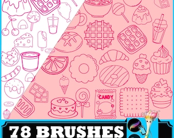 Food Line Drawing, Food Line Drawing Bakery Stamps Dessert Brushes Cute Food Clipart Menu Illustration Cafe Doodles Procreate Photoshop
