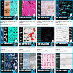 Puede incluir: Una cuadr&iacute;cula de pinceles de arte digital para Procreate y Photoshop, con varios estilos como retrato, c&oacute;mic, floral, m&uacute;sica y caligraf&iacute;a. Cada conjunto est&aacute; etiquetado con el n&uacute;mero de pinceles incluidos, de 14 a 92.