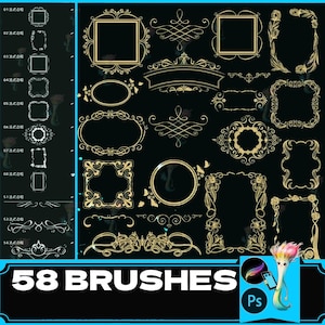 May include: A set of 58 gold ornate Photoshop brushes. The brushes feature various decorative frames, swirls, and flourishes. The brushes are perfect for adding a touch of elegance to your designs.
