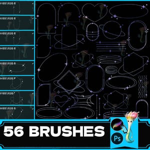Puede incluir: Un conjunto de 56 pinceles digitales para Adobe Photoshop que presentan formas geométricas con un efecto brillante. Los pinceles están diseñados en un estilo minimalista con un fondo negro y contornos blancos.