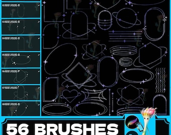 May include: A set of 56 digital brushes for Adobe Photoshop featuring geometric shapes with a sparkling effect. The brushes are designed in a minimalist style with a black background and white outlines.