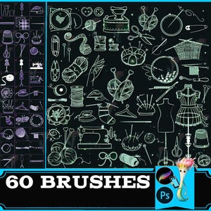 Puede incluir: Un fondo negro con dibujos lineales blancos de herramientas de costura y tejido, incluyendo tijeras, agujas, hilo y una máquina de coser. El texto "60 BRUSHES" está en la parte inferior, con un icono de pincel colorido.