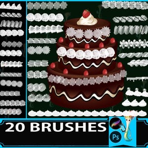 May include: A digital illustration featuring a three-tiered chocolate cake decorated with white frosting, strawberries, and decorative frosting brushes. The image includes the text "20 BRUSHES" in a black banner.