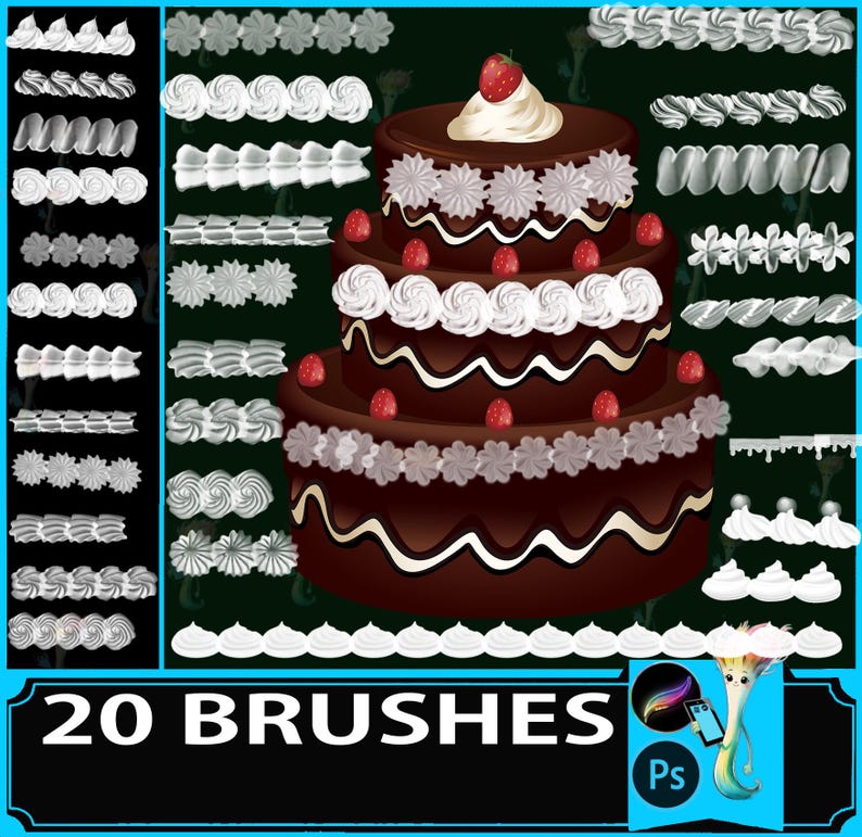 K&ouml;nnte beinhalten: Digitale Illustration eines dreist&ouml;ckigen Schokoladenkuchens mit wei&szlig;em Zuckerguss, Erdbeeren und dekorativen Frosting-Pinseln. Das Bild enth&auml;lt den Text "20 BRUSHES" in einem schwarzen Banner.