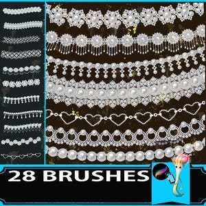 May include: An image showcasing 28 brushes with various white pearl and lace designs. The designs include floral, heart, and circular patterns, perfect for digital art or design projects. The text "28 BRUSHES" is displayed at the bottom.