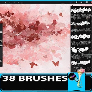 May include: Digital art brushes with a floral and butterfly theme. The image features a pink and red floral design with butterflies, and a selection of brush styles. The text "38 BRUSHES" is displayed at the bottom.