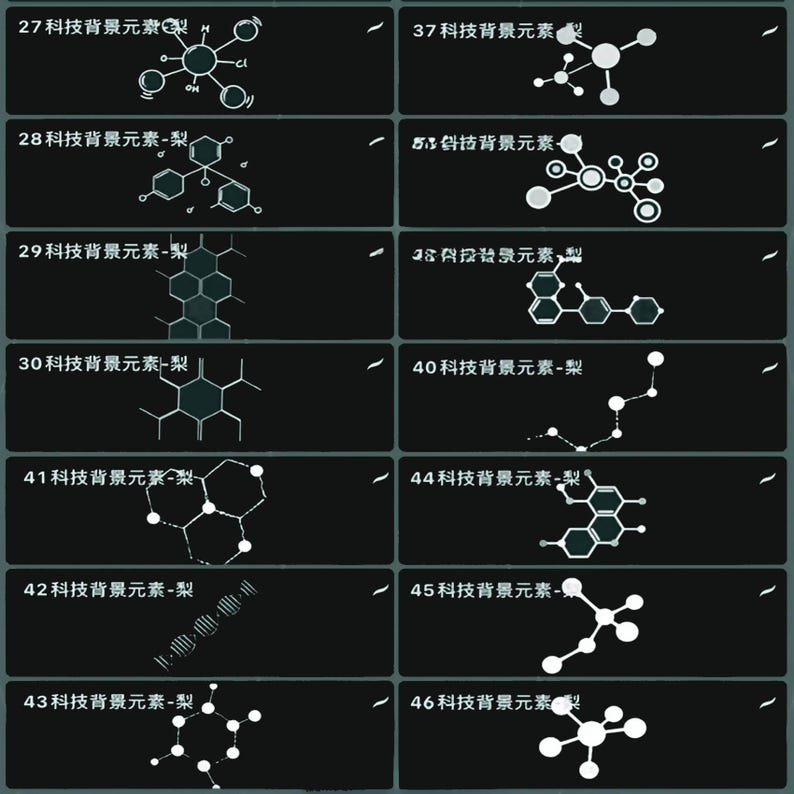 May include: A black and white image with a series of numbered boxes. Each box contains a different chemical structure, labeled with the text "科技背景元素" which translates to "Technology Background Elements".