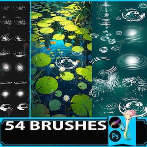 Może przedstawiać: Zestaw 54 pędzli do sztuki cyfrowej z efektami fal na wodzie i liliami wodnymi. Obraz przedstawia ilustrację stawu z liliami wodnymi, rybami i falami na wodzie. Tekst "54 BRUSHES" jest wyświetlany na dole, wraz z logo Photoshopa.