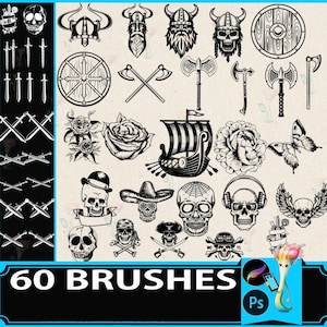 May include: A collection of 60 black and white brushes featuring various designs. Included are skulls, Viking helmets, axes, swords, roses, a ship, a butterfly, and more. The text "60 BRUSHES" is displayed at the bottom.