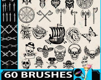 Pirate Skull Procreate Stamp Brush Set: Crossbones, Sword, Axe Tattoo Design