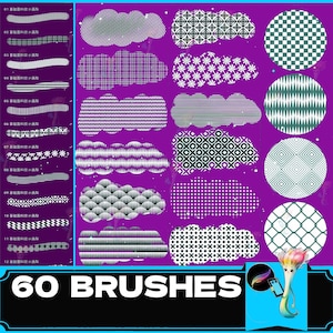 May include: A set of 60 digital brushes featuring various black and white patterns, including geometric, floral, and abstract designs. The brushes are displayed on a purple background with a cartoon character holding a phone.