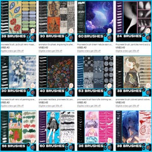 Puede incluir: Una cuadr&iacute;cula de pinceles de arte digital para Procreate, cada uno con un estilo &uacute;nico. La imagen muestra varios conjuntos, incluyendo pinceles retro mosaico, grabado, nebulosa de ensue&ntilde;o, part&iacute;culas, pintura al &oacute;leo, encaje y l&aacute;pices de colores. Cada conjunto est&aacute; etiquetado con el n&uacute;mero de pinceles.