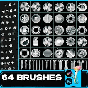 Puede incluir: Un conjunto de 64 pinceles de Photoshop con varios diseños de tornillos y pernos. Los pinceles están dispuestos en una cuadrícula sobre un fondo negro. El texto "64 BRUSHES" se muestra en la parte inferior de la imagen.