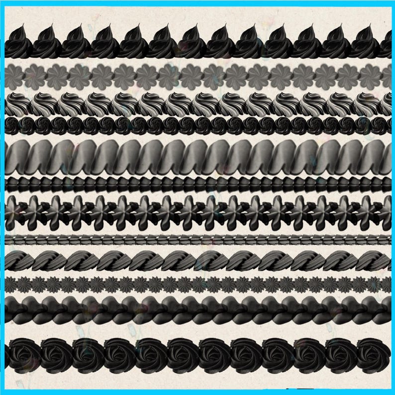 K&ouml;nnte beinhalten: Eine Sammlung von schwarzen und grauen dekorativen Bord&uuml;ren. Die Bord&uuml;ren weisen verschiedene Designs auf, darunter Wirbel, Blumen und andere verzierte Muster. Das Bild ist eine Nahaufnahme, die die Details jedes Designs zeigt. Die Bord&uuml;ren sind in horizontalen Reihen angeordnet.