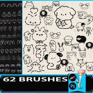 May include: A collection of 62 black and white cartoon animal brushes, including bears, sheep, dogs, and rabbits. The brushes are displayed on a beige background, with the text "62 BRUSHES" at the bottom.