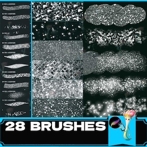 May include: 28 silver glitter brushes for digital art. The brushes are arranged in rows with a black background. The brushes are in various shapes and sizes, including stars, circles, and lines.