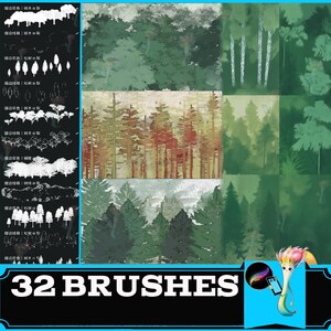Op de afbeelding: Digitale kunstpenselen met 32 ontwerpen van bossen en bomen. De afbeelding toont voorbeelden van verschillende boomsoorten en bosscènes in tinten groen, bruin en wit. De tekst "32 BRUSHES" staat onderaan.