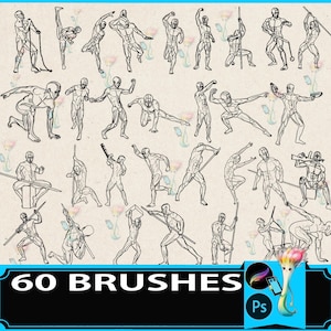 May include: A digital art asset featuring 60 brush strokes of human figures in various action poses. The figures are depicted in a line art style, with a focus on anatomy and movement. The image includes the text "60 BRUSHES" and the Photoshop logo.