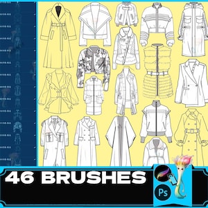 May include: 46 Photoshop brushes for fashion design, featuring various styles of jackets, coats, and tops. The brushes are displayed on a yellow background with a blue and white border.