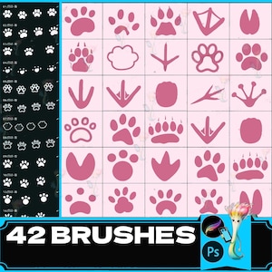 May include: A set of 42 pink animal paw print brushes for Adobe Photoshop. The brushes are arranged in a grid pattern on a light pink background. The text "42 BRUSHES" is at the bottom of the image.