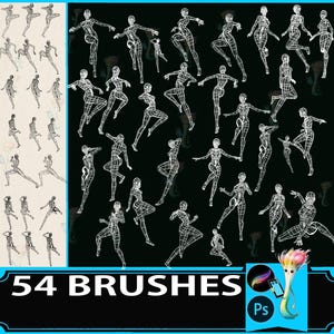 May include: Digital art brushes featuring 54 wireframe figure poses. The figures are in various dynamic positions against a black background. The image includes the text "54 BRUSHES" and a colourful illustration of a brush.