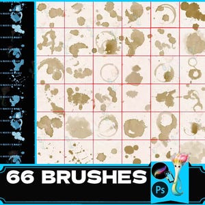 May include: A set of 66 digital brushes for Adobe Photoshop, featuring various coffee and tea stains in brown and beige tones. The brushes are arranged in a grid pattern on a white background.