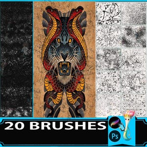 Puede incluir: Pinceles de arte digital para Photoshop. La imagen presenta un tigre con serpientes y una colección de 20 pinceles con varias texturas. Los pinceles son en blanco y negro, y el tigre es de colores vibrantes.