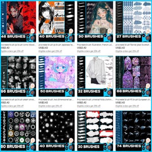 Puede incluir: Una cuadr&iacute;cula de pinceles de arte digital para Procreate, cada uno con un estilo &uacute;nico. Las im&aacute;genes muestran varios temas, incluyendo arte de c&oacute;mic, manga japon&eacute;s, ilustraciones y patrones. Cada imagen muestra el n&uacute;mero de pinceles disponibles.
